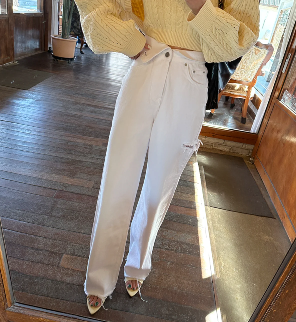 

Ретро джинсы с высокой талией и прямым кроем для женщин, с эффектом потертости и рваным низом, свободного кроя, длинные брюки, модные джинсовые штаны