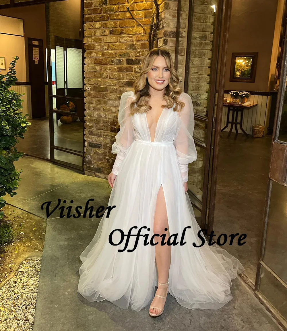 Viisher-vestidos de novia simples de una línea, abertura en la pierna, Sexy, cuello en V, vestidos de novia bohemios, tul suave, elegante, vestido de novia Civil, hecho A medida