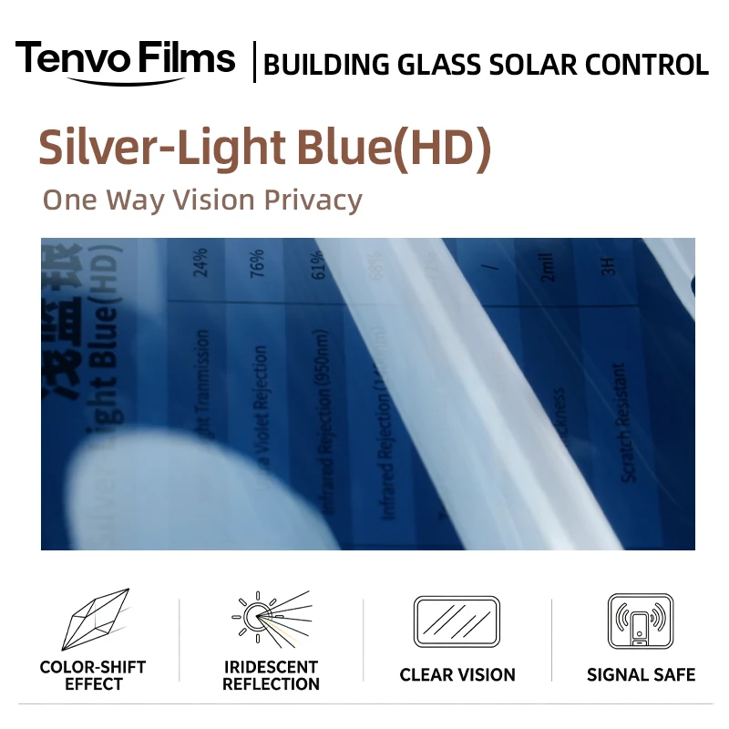Silver Light Blue HD Privacy Glass Tint Roll PET Material One Way Vision Anti UV Heat Blocking For Residential Office Vehicle Wi