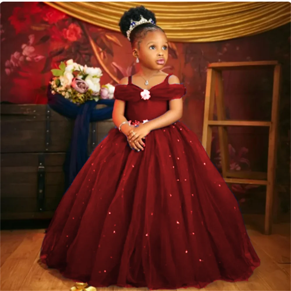 Elegant Flower Girl Dress Adorable Burgundy Pearl Spaghetti Straps Wedding Tulle Toddler Beauty Pageant Child Birthday Dresses