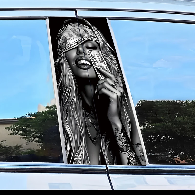 2 pieces of car B-pillar stickers Dollar-Blindfolded Woman Vinyl protective film view 3
