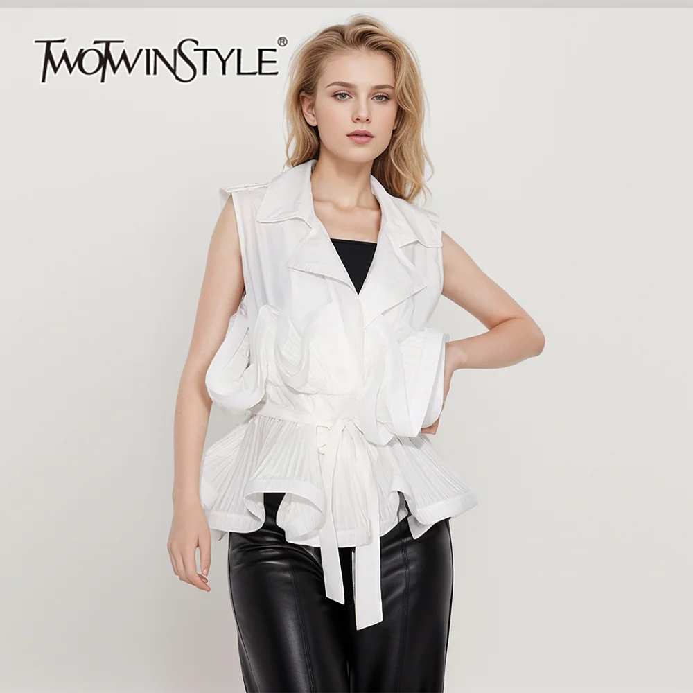 

TWOTWINSTYLE Solid Temperament Patchwork Folds Shirt For Women Lapel Sleeveless Spliced Lace Up Designer Blouses Female Fashion