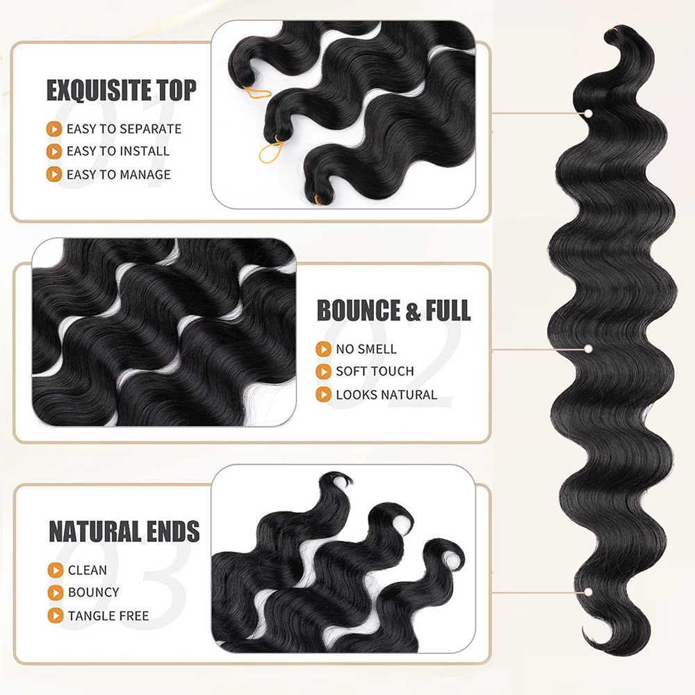 ผมถักเปียแบบ Body Wave ขนาด 24 นิ้ว ผมถักเปียแบบ Pre-feathered ยืดหยุ่นเด้งดึ๋ง ผมถักโครเชต์แบบ Ocean Deep Twist ผมต่อสังเคราะห์