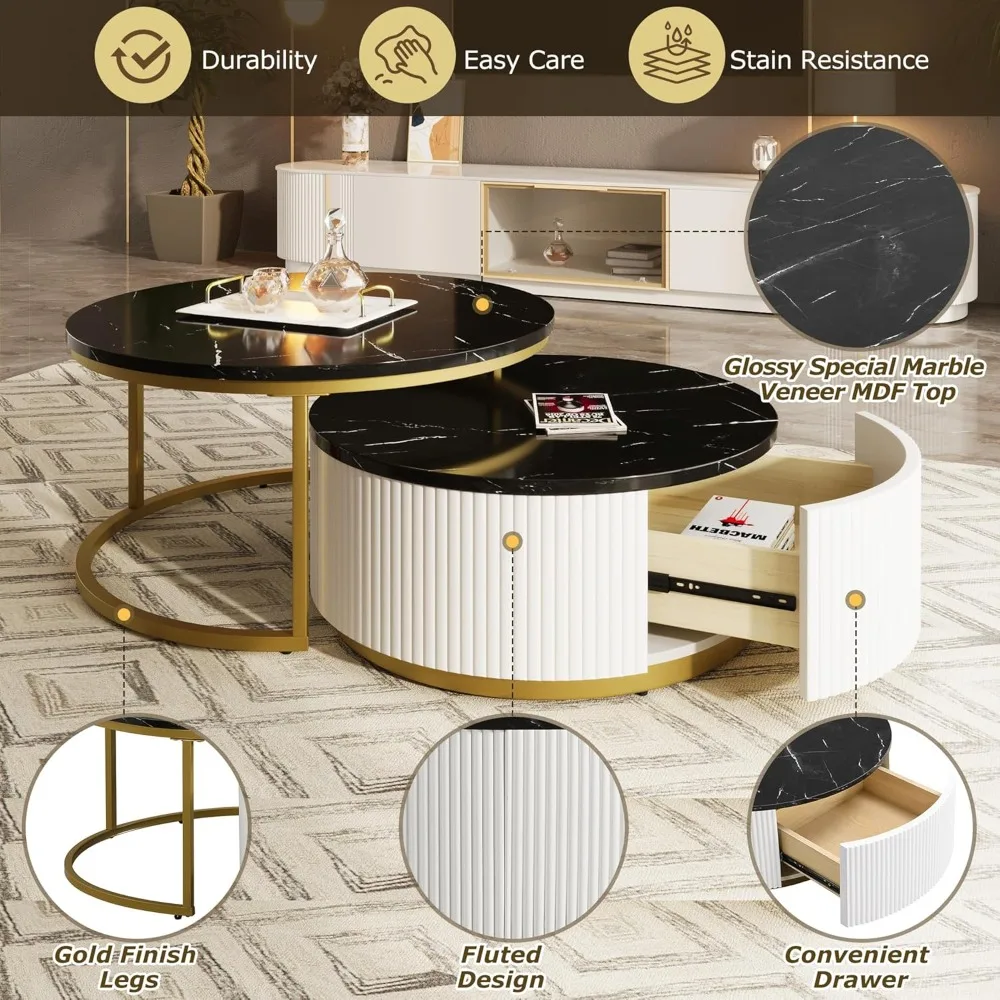 Nesting Coffee Table Set of 2, Modern Round with Drawer, Circular Wood Center for Living Room, Apartment, Black & Gold