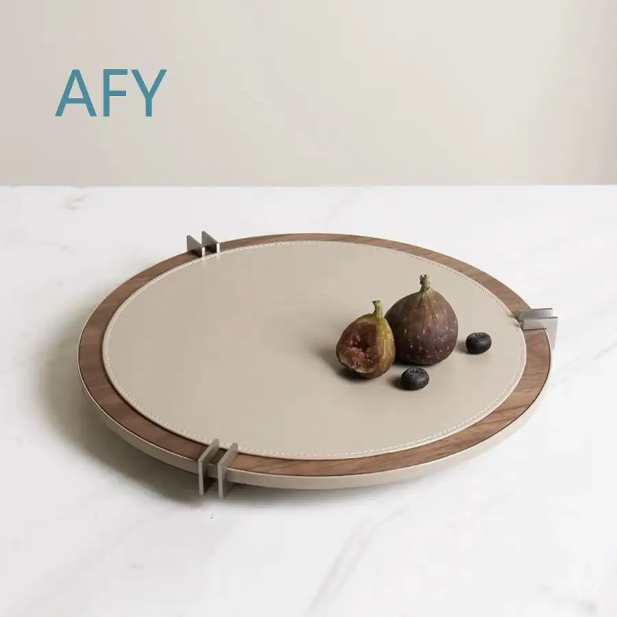 Modern Walnut Wood Leather Hair-on-Hide Round Tray for Home Decor Living Room Office Desk Display Sample Room Styling