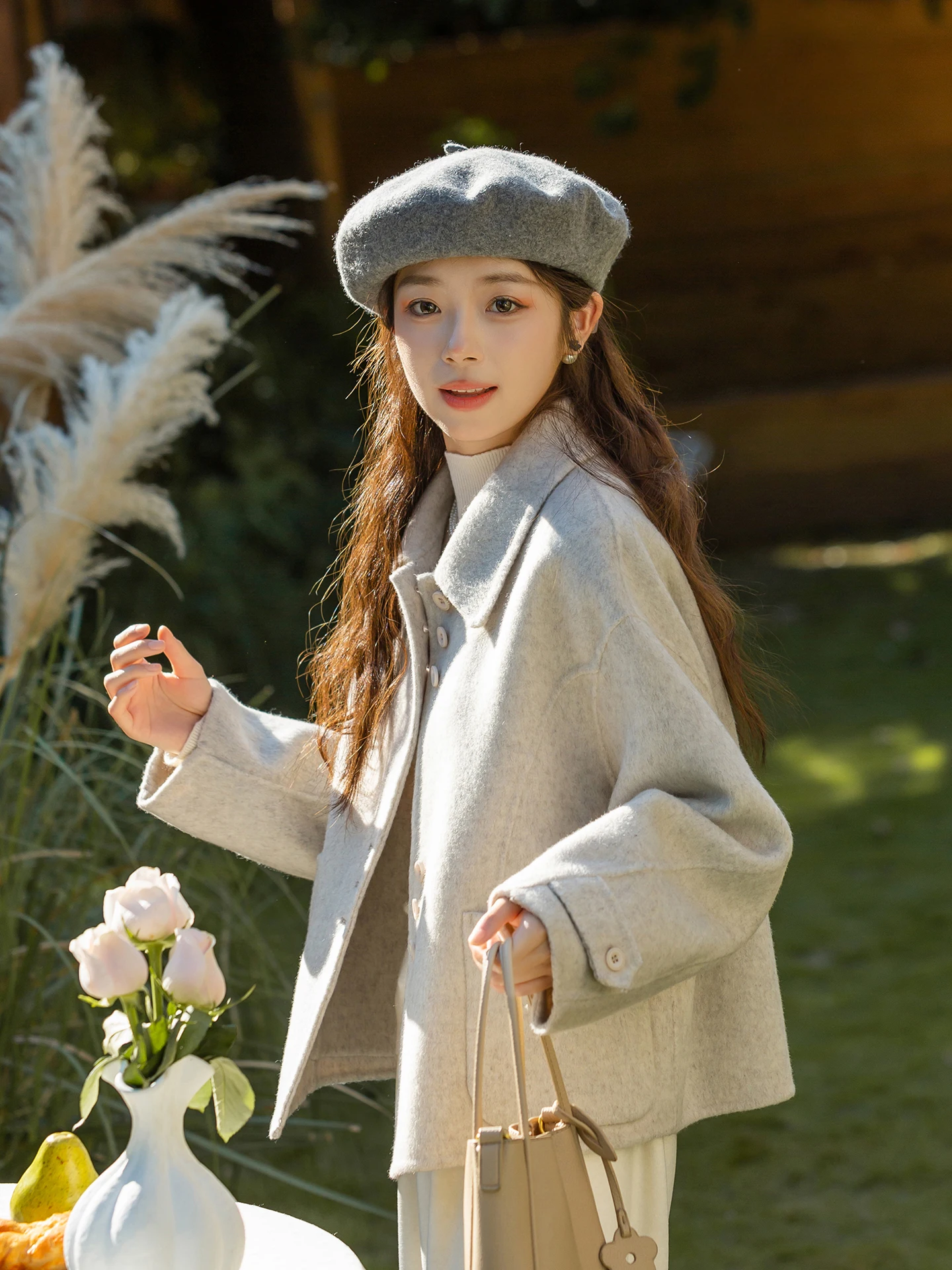 

Двустороннее шерстяное пальто женское утепленное осенне-зимнее однотонное в стиле Левого берега, новинка 2025 года