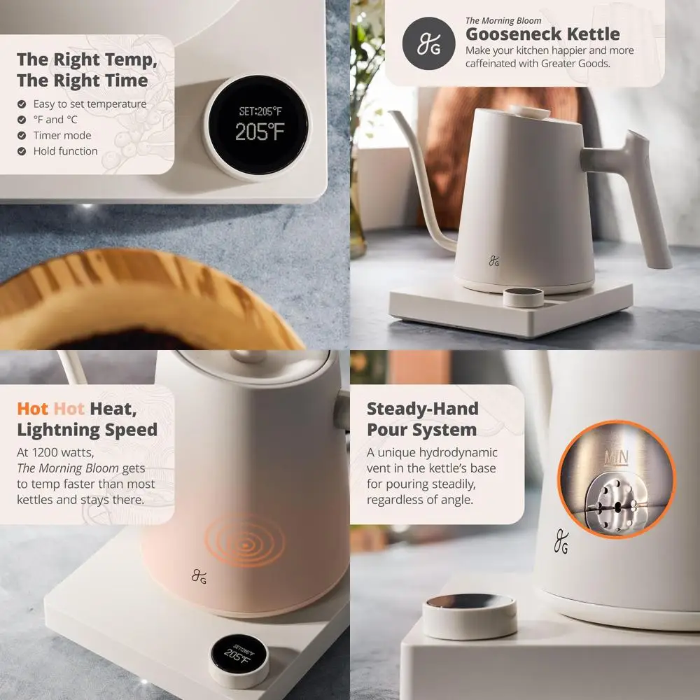 

1200W Stainless Steel Gooseneck Kettle with Precision Temp Control, Fast Boil, BPA-Free, 1L, Ideal for Coffee & Tea