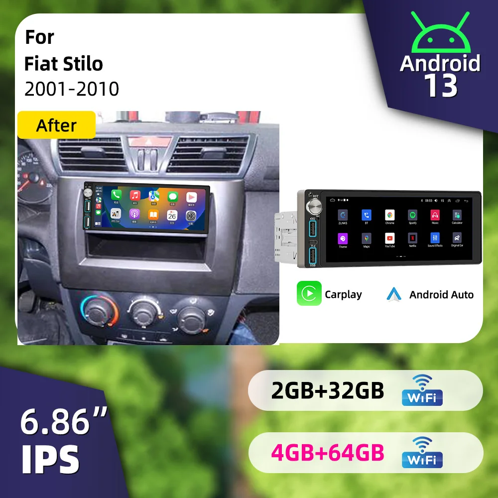 6.86 inch Car Stereo Android 1Din Car Multimedia for Fiat Stilo 2001-2010 Autoradio Radio Head Unit Screen Carplay GPS