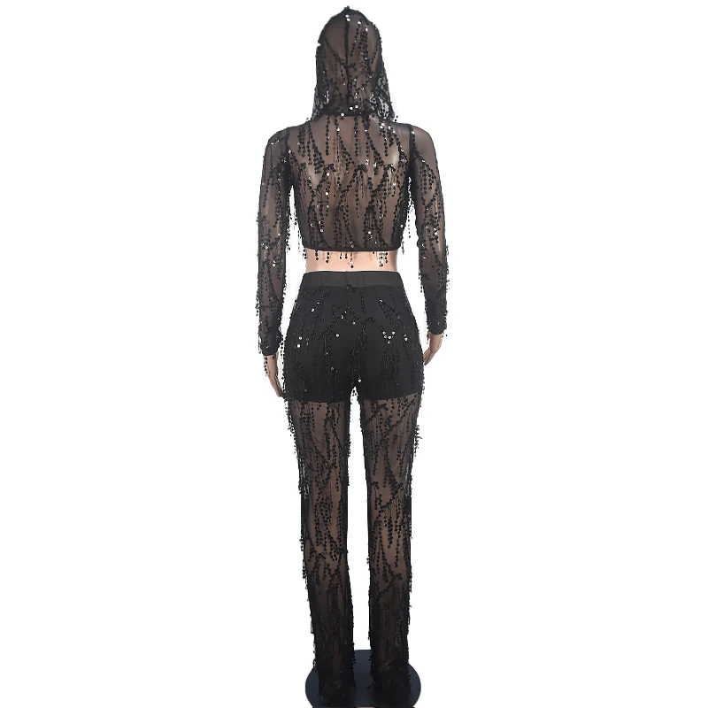 Prospettiva delle donne Fashion Party Vacation Beach Sexy maglia nera con scollo a v Nightclub paillettes pantaloni due pezzi Set estate Y2k Clubwear