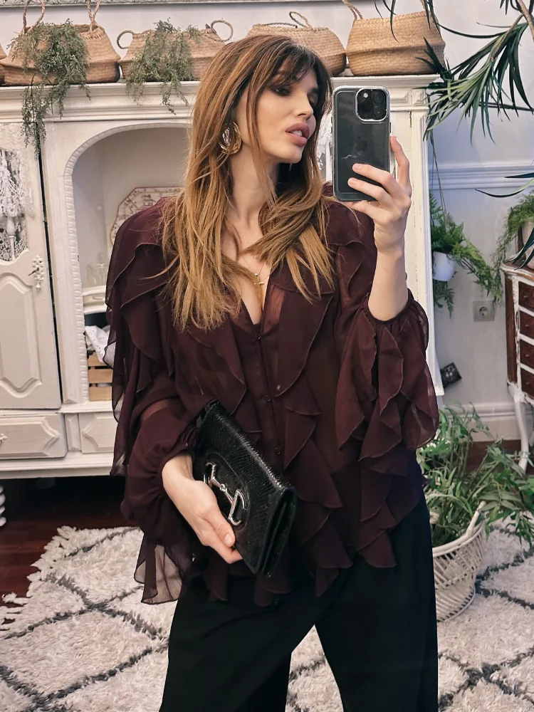 Fashion Women Stacked Lotus Leaf Edge Blouse Casual Long Sleeve V Neck Mesh Sheer Loose Shirt 2025 New Style Female Commute Top