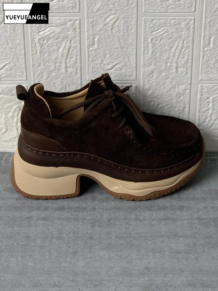 

Women Square Heel Lace Up Cow Suede Pumps Round-toe Cowhide Footwear Thick Sole Height Increasing Casual Shoes Female Fashion