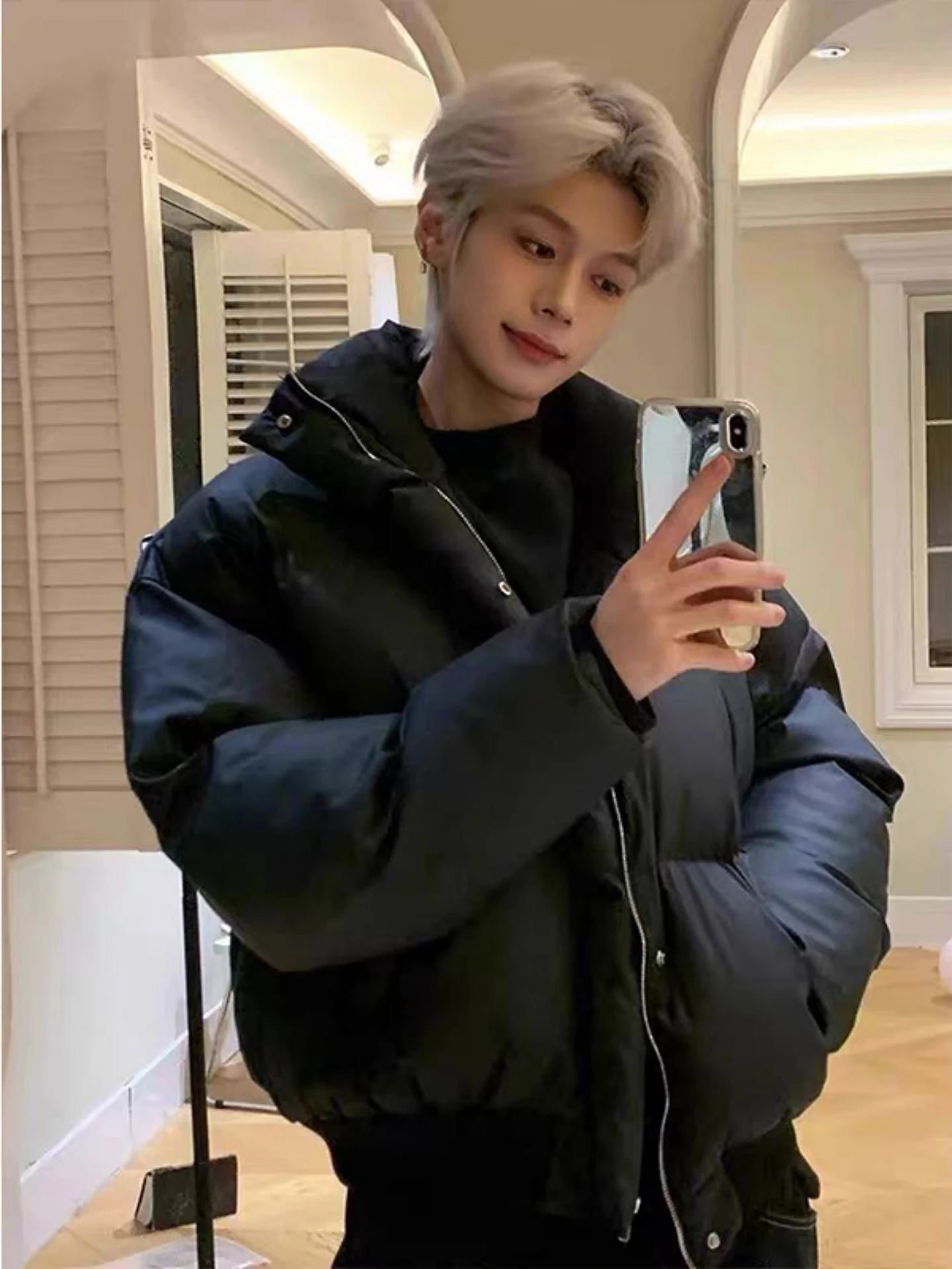 

Winter Thiened PU Leather down Jaet Stand Collar Windproof ort Cotton Coat Youth Faion Casual Warm Zipper Closure