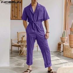 INCERUN Men Jumpsuits Striped Lapel Short Sleeve Summer Casual Male Rompers With Belt Streetwear 2024 Fashion Leisure Overalls