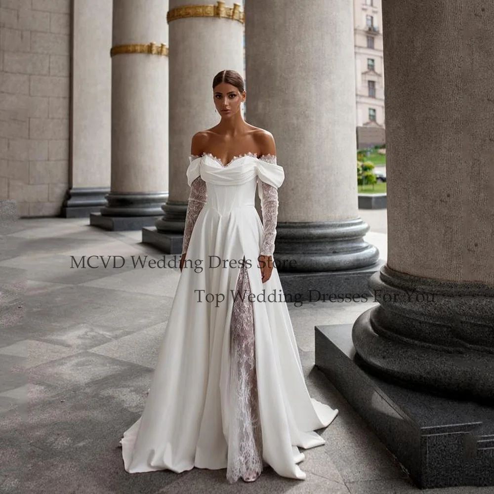 

MCDV Lace A-Line Sweetheart Wedding Gowns Off Sholder Satin Customized Bride Party Dresses Elegant Side Split vestidos de novia