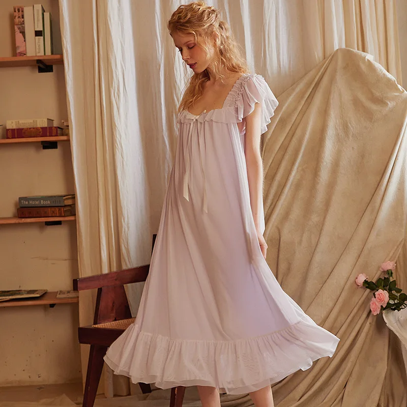 Princess Sleepwear Sweet Mesh Night Dress Women Summer Sleeveless Peignoir Nightdress Vintage Victorian Sexy Nightwear Home Wear