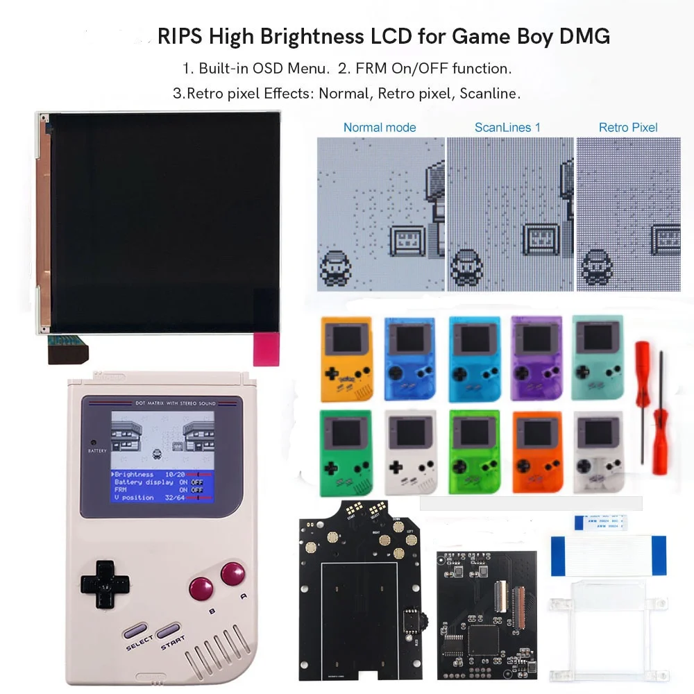 GBO Q5 Larger Display Backlight IPS LCD Mod Kit for Gameboy DMG GBO RIPS Q5 OSD FRM Retro pixel Screen with New Shell