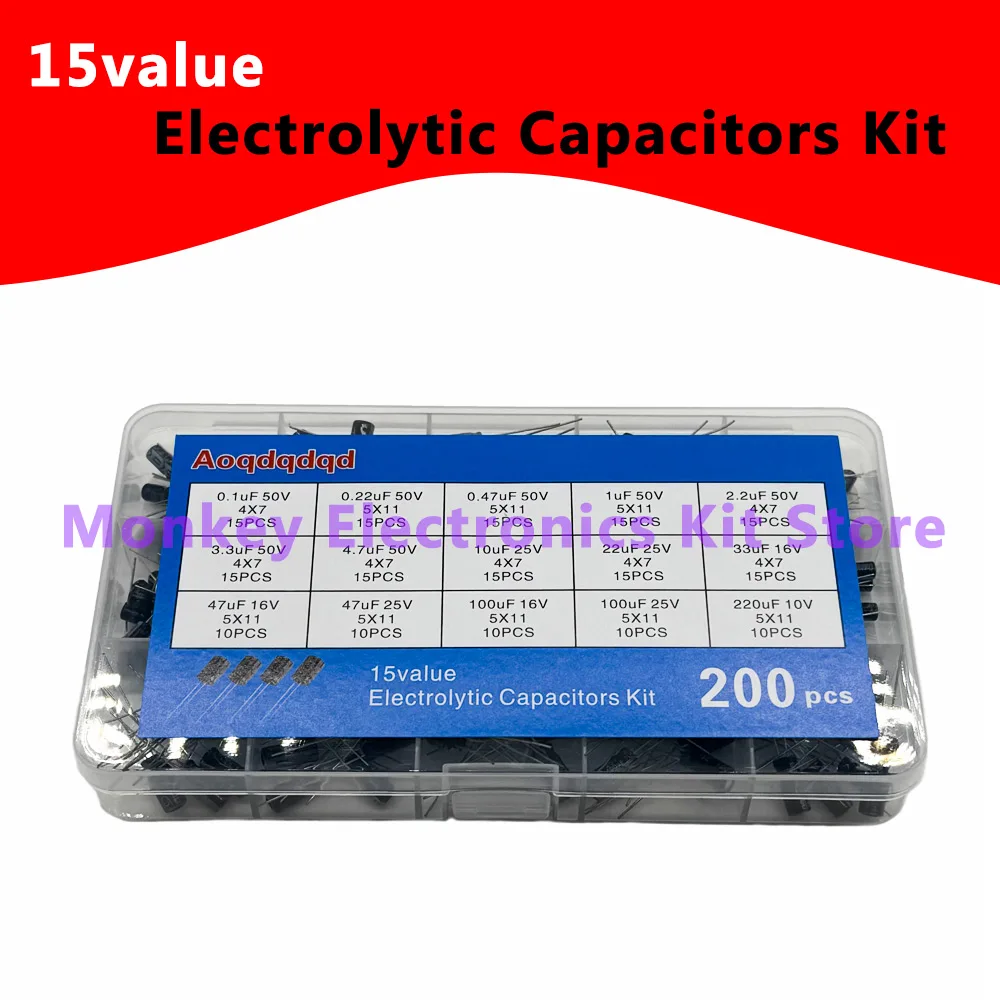200 unids/lote juego de condensadores radiales 15 valores 10V 16V 25V 50V 0,1 uF-220 uF 0,22 uf 2,2 uf 100 uf Kit surtido de condensadores electrolíticos