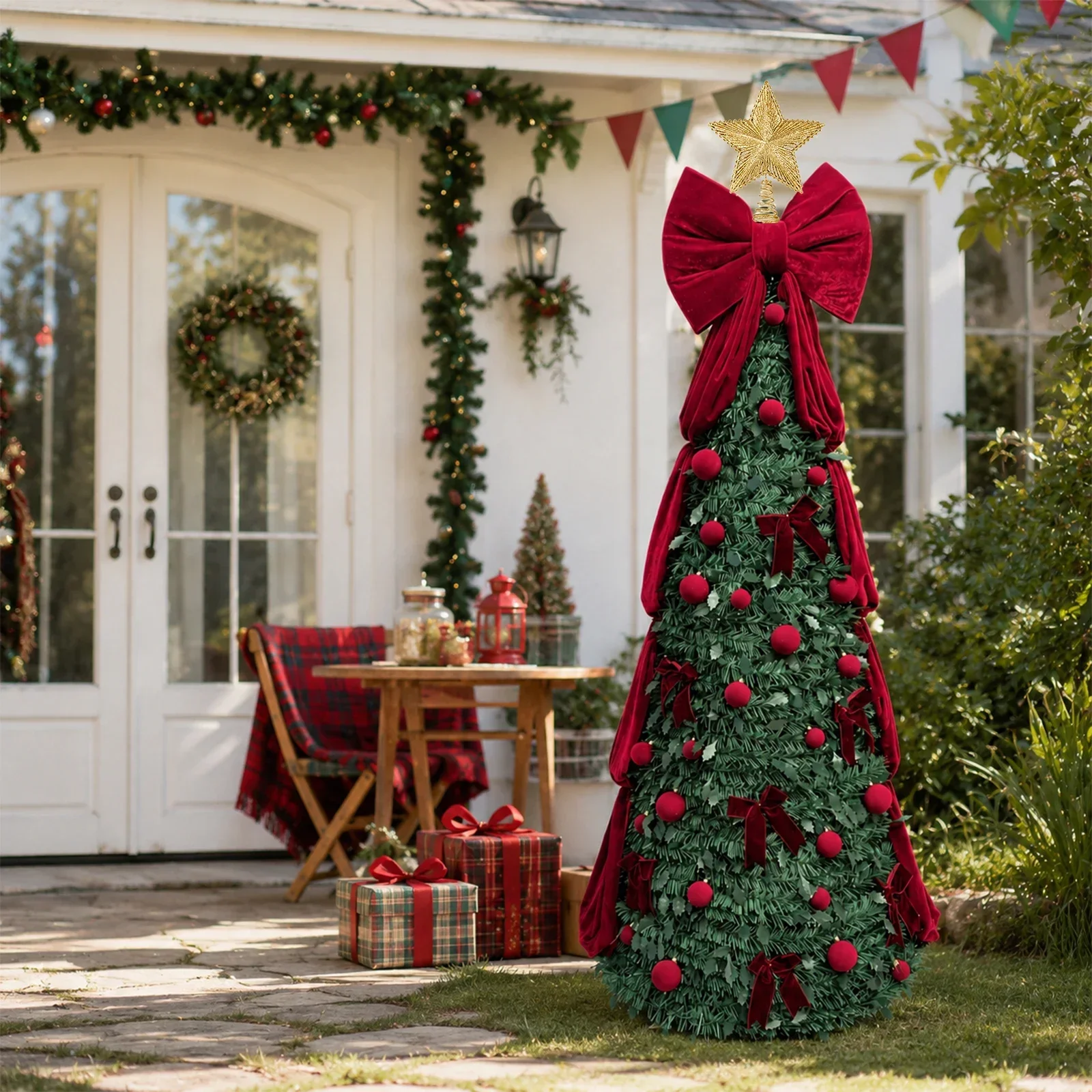 6FT Pop Up Pre-lit Artificial Christmas Tree with Lights & Decorations, Remote & Timer, Pull Up Fully Decorated Xmas Tree with Ball Ornaments, Bows Ribbons & Big Bow for Home Xmas Party Decor