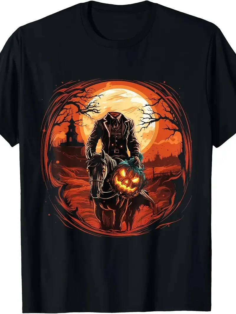 

Men'S Halloween Graphic Cotton T-shirt - Spooky Headless Horseman Design Black C