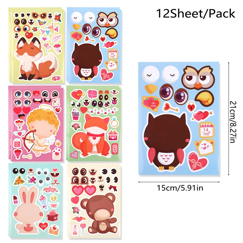 12Sheets Valentine's Day Puzzle Stickers DIY Animal Angel Stickers Make A Face Jigsaw Assemble Decal Wedding Party Game Toy Gift