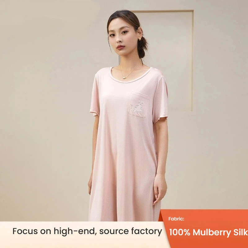 100% Pure Silk Nightgown Women Short Sleeve Loose Casual Antibacterial Breathable Sleep Dress Summer Loungewear