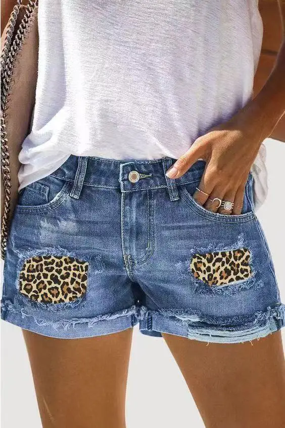 

Denim Shorts Women Fashion High Waist Hole Street Hipster Applique Printed Jeans