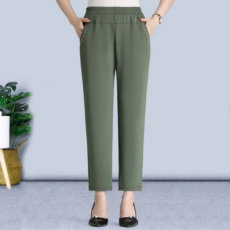 Women New High Waist Straight Cylinder Casual Thin Style Affordable All-match Trousers Summer Ice Shreds Elastic Force Diamonds