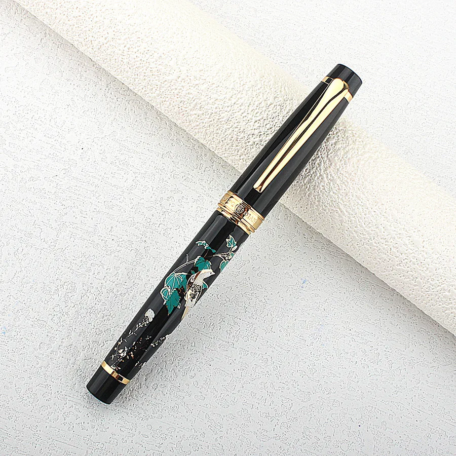 HongDian Metal Fountain Pen Hand-Drawing Green Flowers Iridium EF/F/Bent Nib Ink Pen Excellent Writing Gift Pen for Business