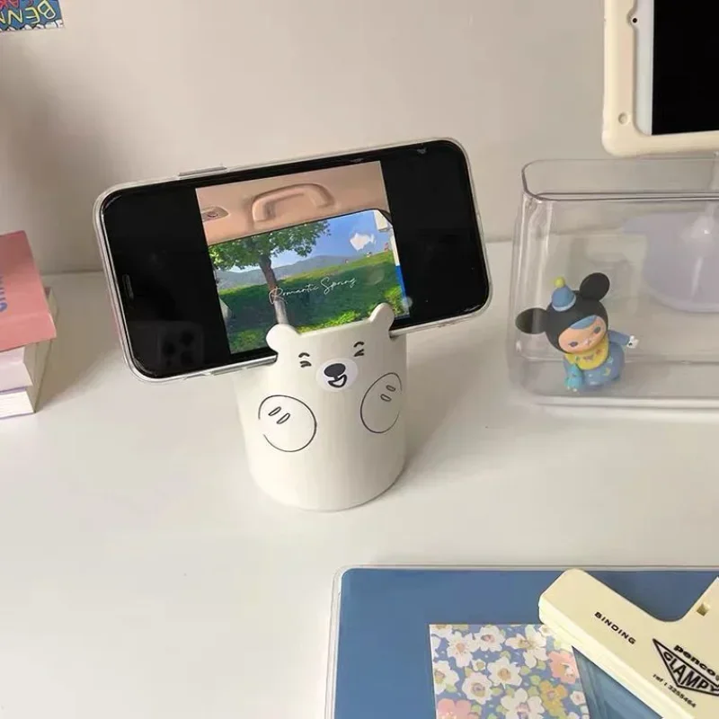 Wielofunkcyjny długopis Kawaii Cartoon Bear stojak na pędzle do makijażu piękny modny uchwyt na telefon Organizer na długopis szkolne materiały papiernicze