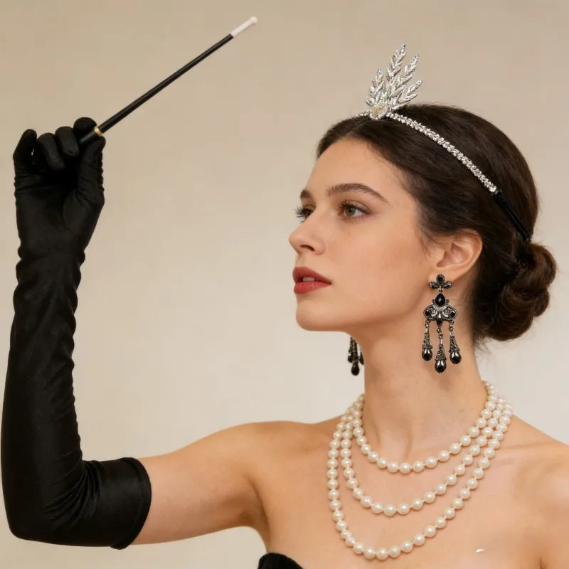 

Женский праздничный наряд в стиле вестерн 1920-х годов, головной убор с бахромой и перьями, жемчужное ожерелье, комбинированный набор перчаток