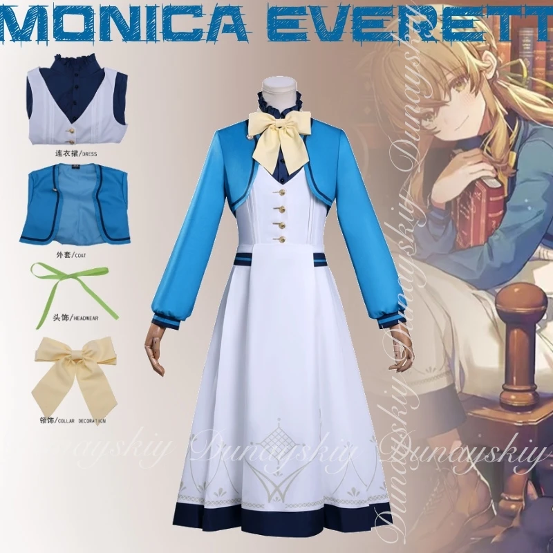 

Секреты бесшумной ведьмы Аниме Monica Everett WICCON с сине-белым платьем с кофейным цветом Парик WICCON Костюм Все комплекты