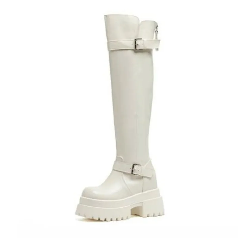 

Резиновые сапоги на платформе 10 см, женские удобные черно-белые сапоги выше колена на квадратном каблуке, непромокаемая обувь в уличном стиле, женская обувь 2026