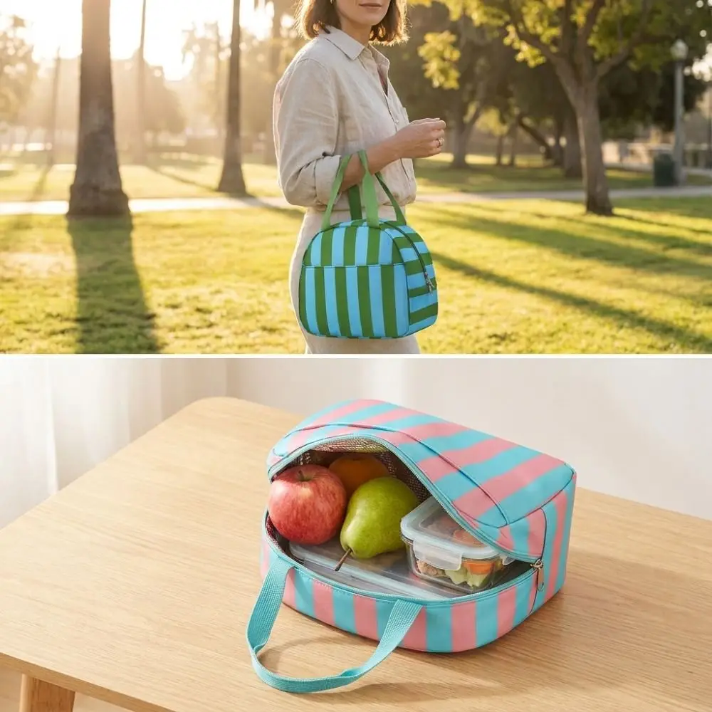 Casual Striped Insulated Lunch Bag Leakproof Reusable Food Thermal Box Large Capacity with Handle Travel Toiletry Bag Outdoor