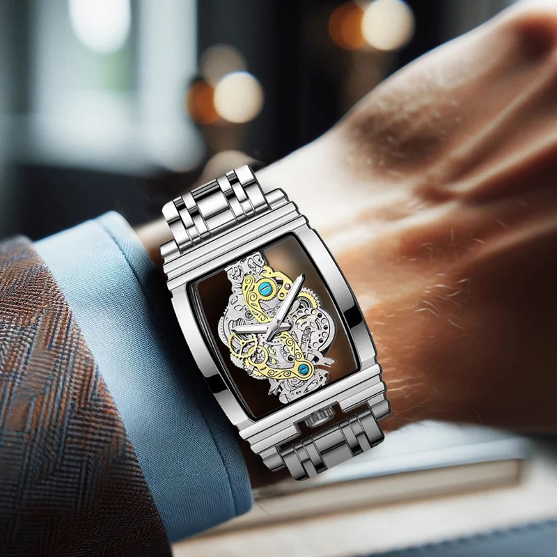 メンズカジュアルファッション、実用的でトレンディな中空シルバーケース、スチールストラップ、クォーツ時計。ホリデーギフトに最適です。