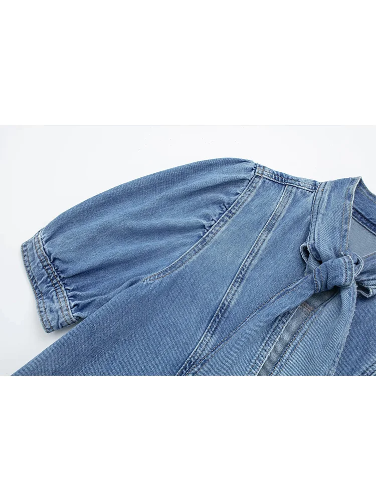 TRAF 2023 Summer New Women Denim Shirt Bow Knot Half Puff Sleeve T-Shirt and Retro Skirt Cape Skirt Street Fashion Suit