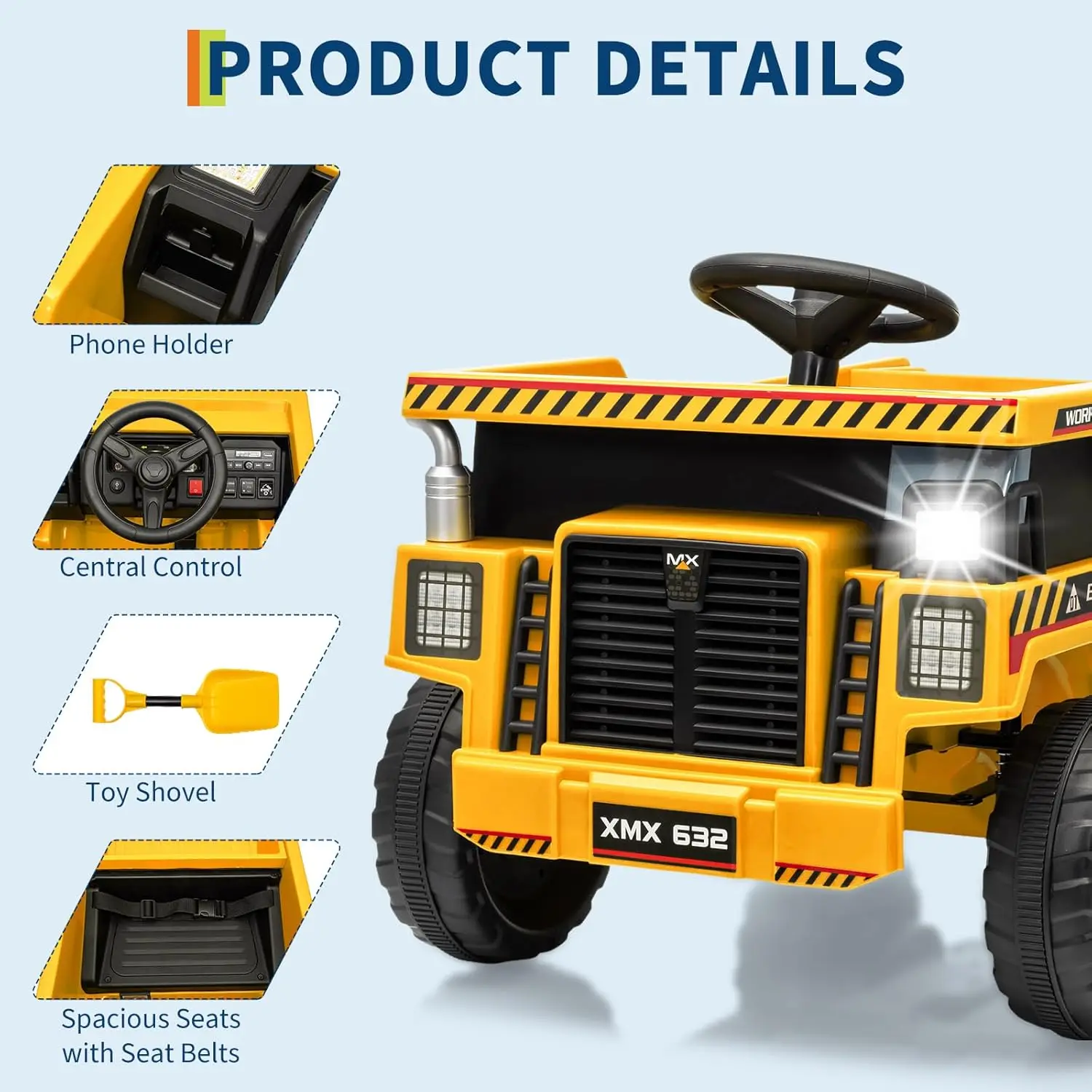 12V Kids Ride-on Dump Truck with Remote Control, Electric Dump Bed&Shovel, Bluetooth Music, LED Lights Construction Toy Vehicle