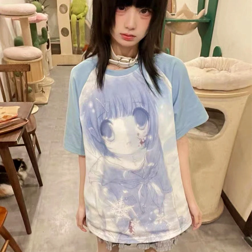 Japanese Anime Print T Shirts Women Vintage Harajuku Loose Raglan Sleeve Summer Tee Tops Y2K Aesthetic Grunge Tops Moletom Kpop