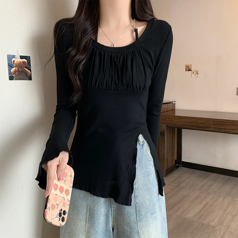 Casual Black Halter T-shirts Plus Sized Spring Autumn O-neck Full Sleeve Slit Women Blouse Solid Color Oversized Ladies Tees