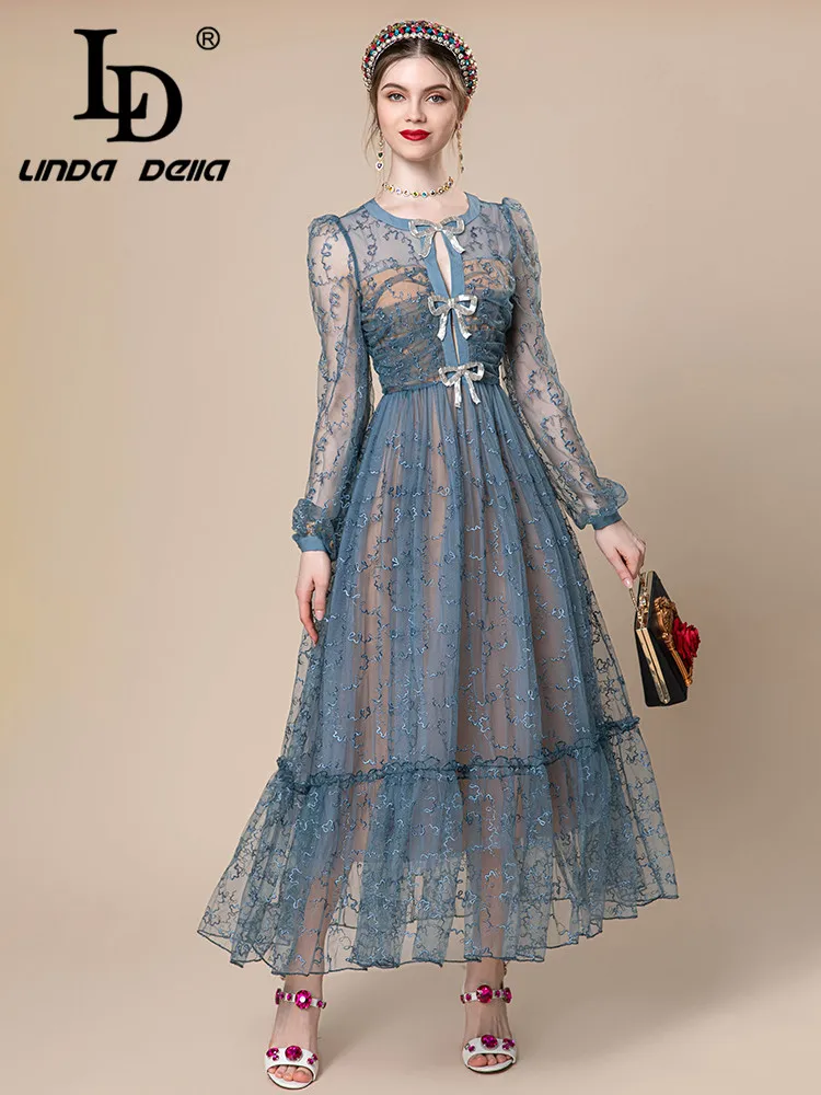 

LD LINDA DELLA Summer Runway Designer Sexy Dress Women's Bow buckle Transparent Lace Splice Embossed hollow Draped Dress