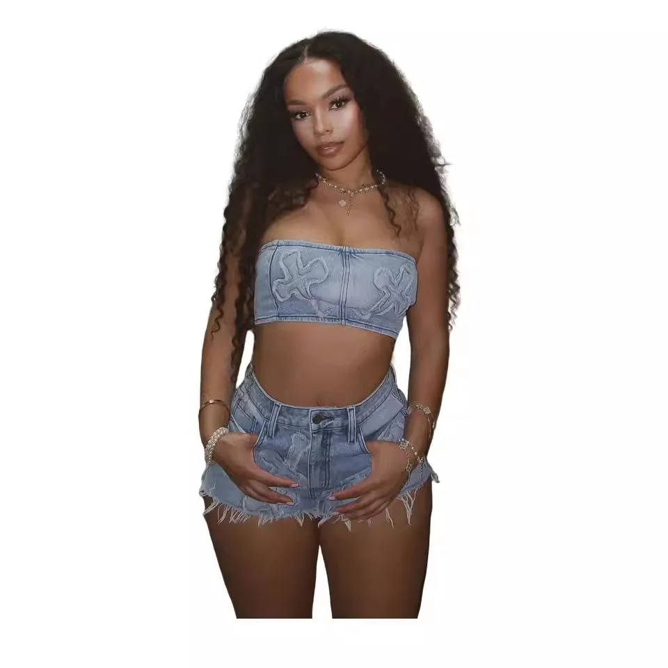 

Embroidered tube top pants set elastic tube top shorts set