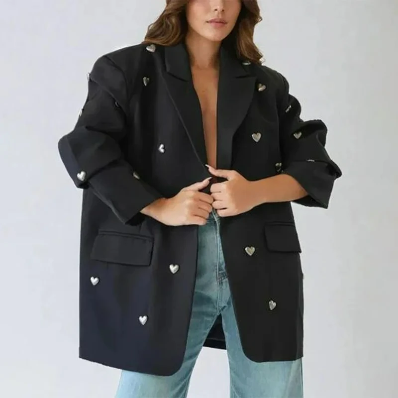 أزياء المرأة خريف جديد مريح عارضة فضفاض الحب المعادن الزخرفية البدلة سترة الكتف معطف النمط الأوروبي والأمريكي