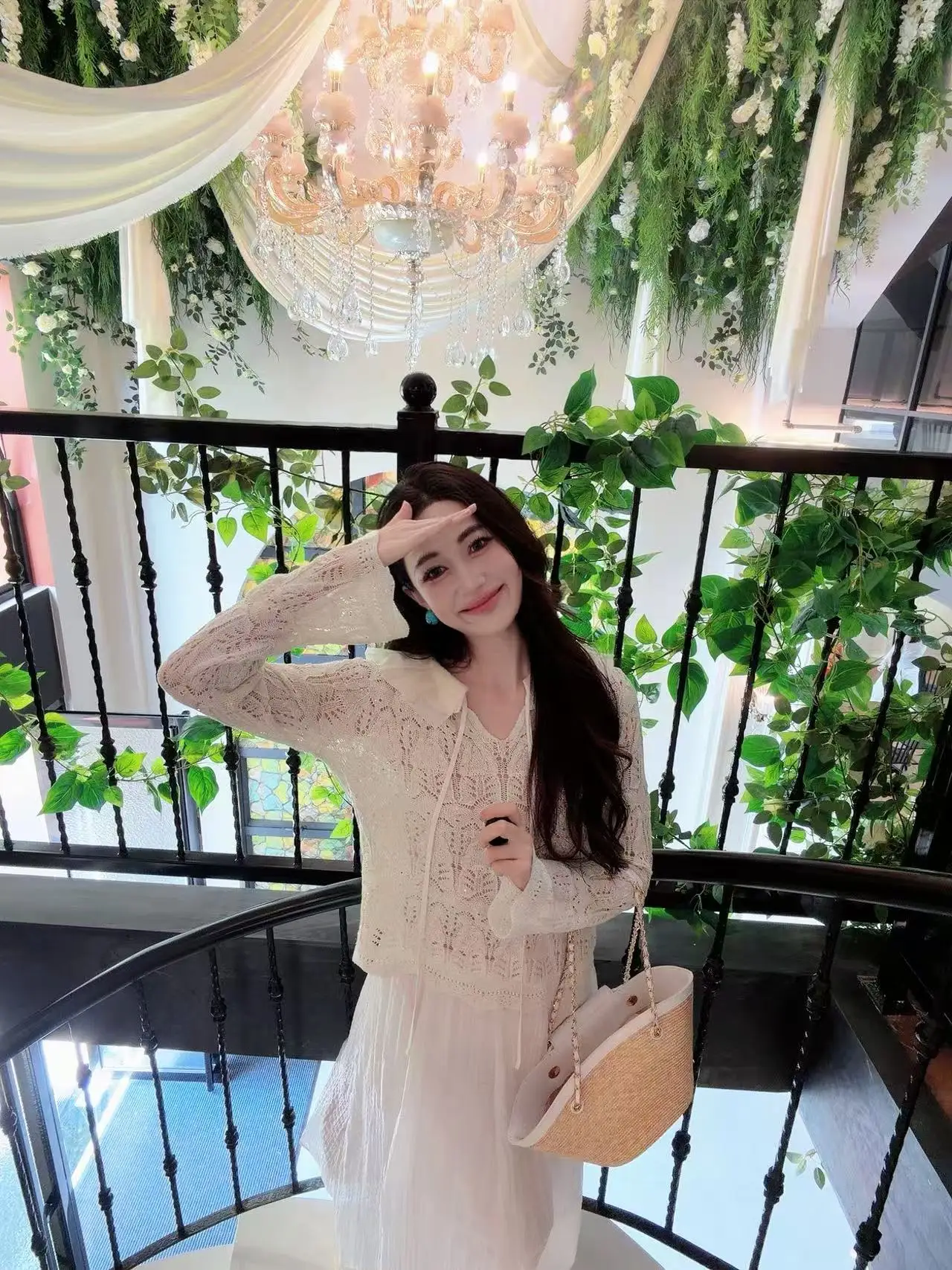 

J·Y Summer New 2026 High-Definition Knitted Hollow Collar Top Women's Polyester Fiber Long Sleeve Mid-Length Open Cardigan