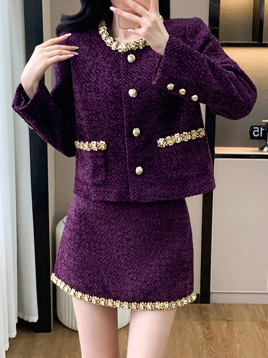 Luxury Brand Purple 2 Piece Set For Women Fall Winter Diamonds Jacket Coat+Mini Skirt Suits Elegant Fashion Womens Office Outfit