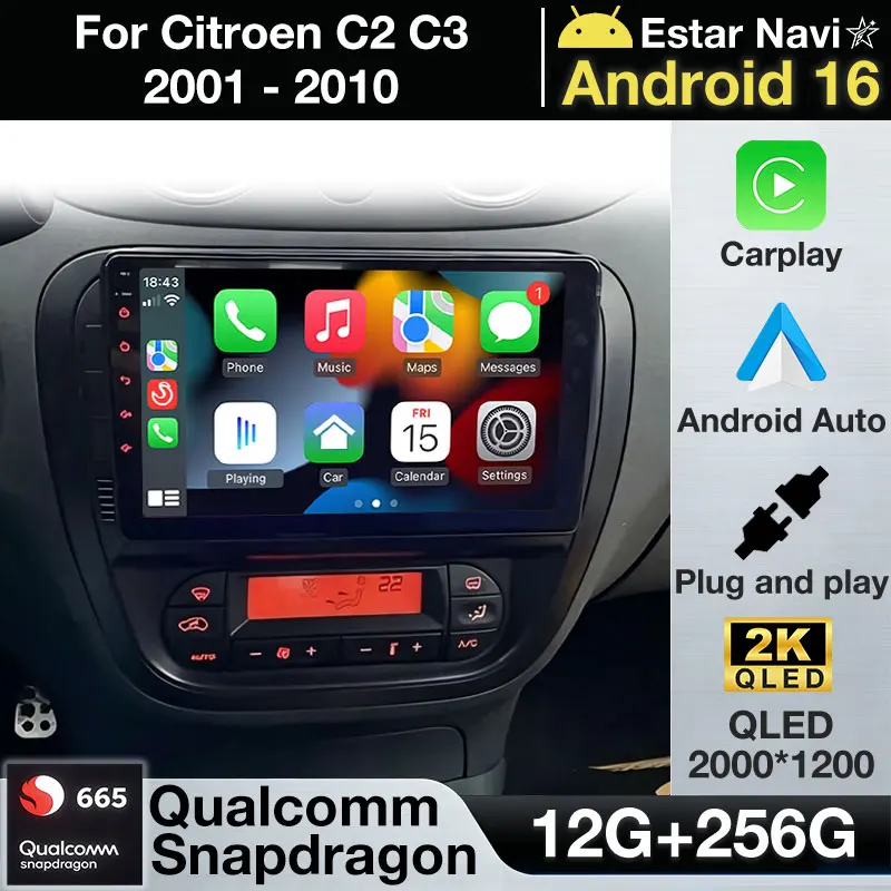 Android 16 Car Radio For Citroen C2 C3 2001 - 2010 Wireless Carplay Android Auto 4G Multimedia Player GPS Navigation 360 Camera