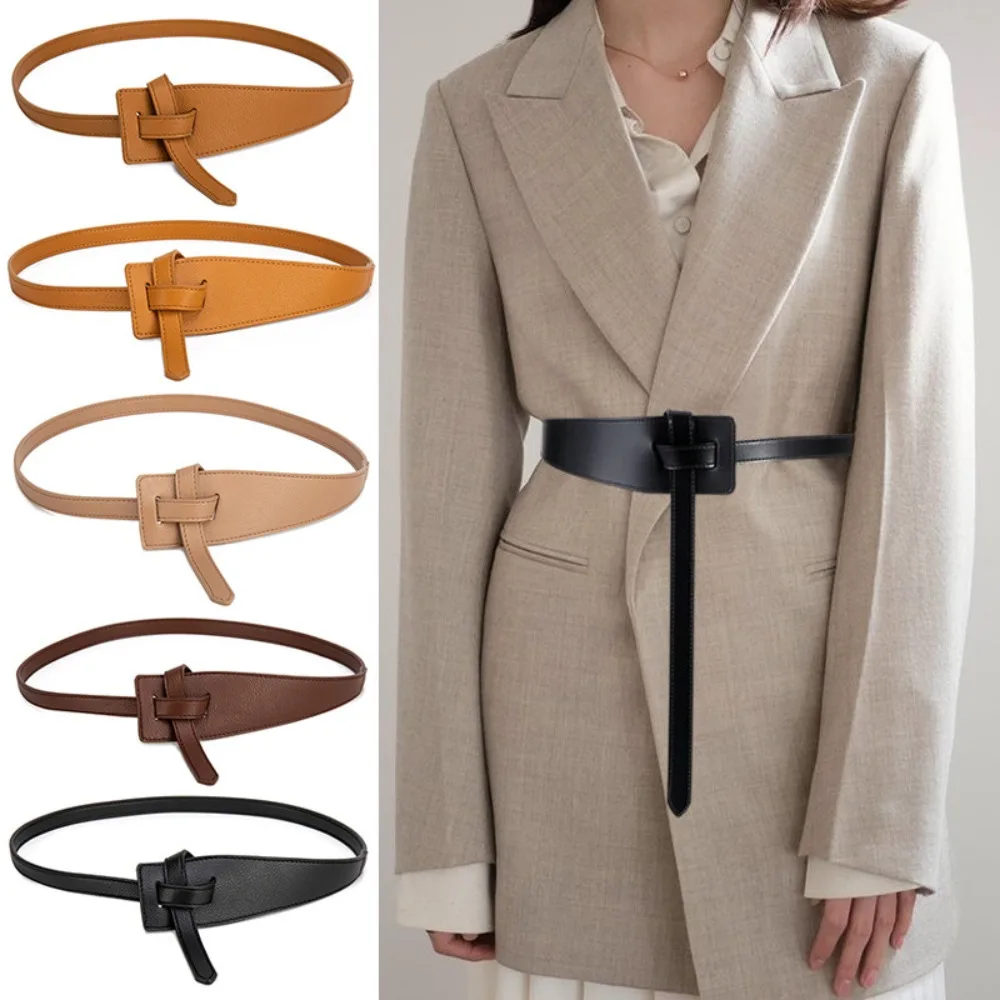 

Non-hole Knot Style Belts Fashion Solid Color PU Leather Adjustable Waistband Waist Strap Woman