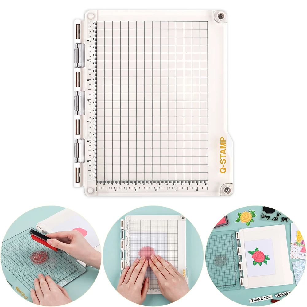 

Q-STAMP Stamping Platform with Anti-Slip Mat Layered/Repeat Stamping for Clear/Rubber Stamps 3 Open Sides Dual Measurement Units