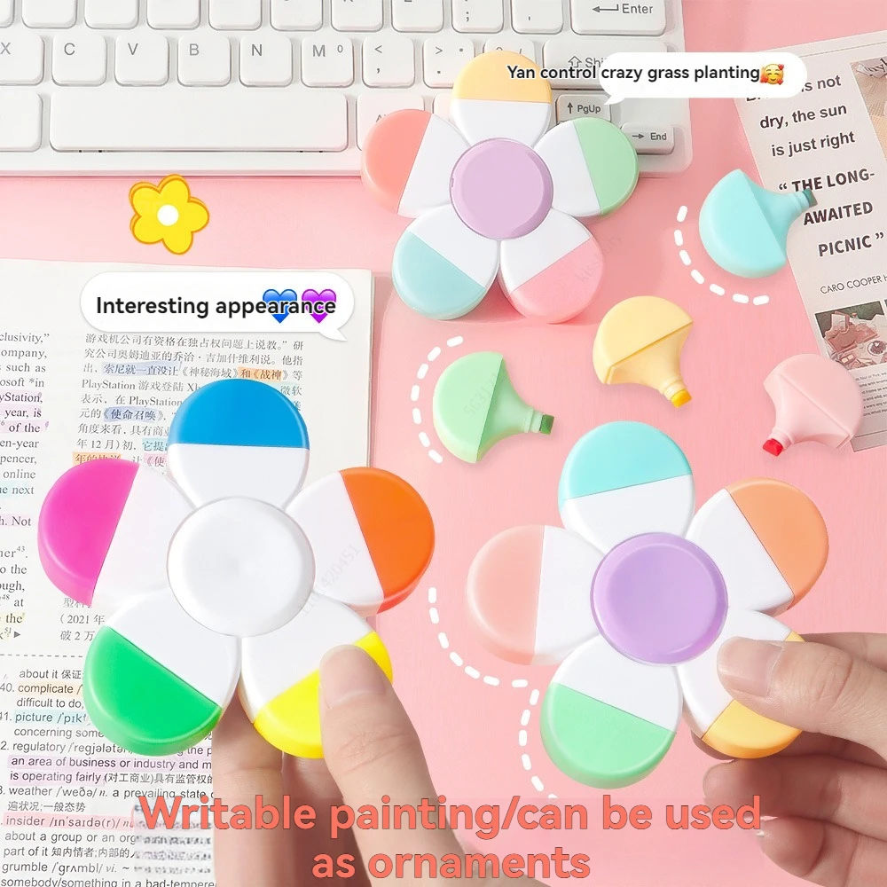 Fingerspitzen-Spiral-Textmarker, Blumenform, Aquarellfarben, 5-in-1-fluoreszierende Stifte für Schule, Büro, Schreibwaren
