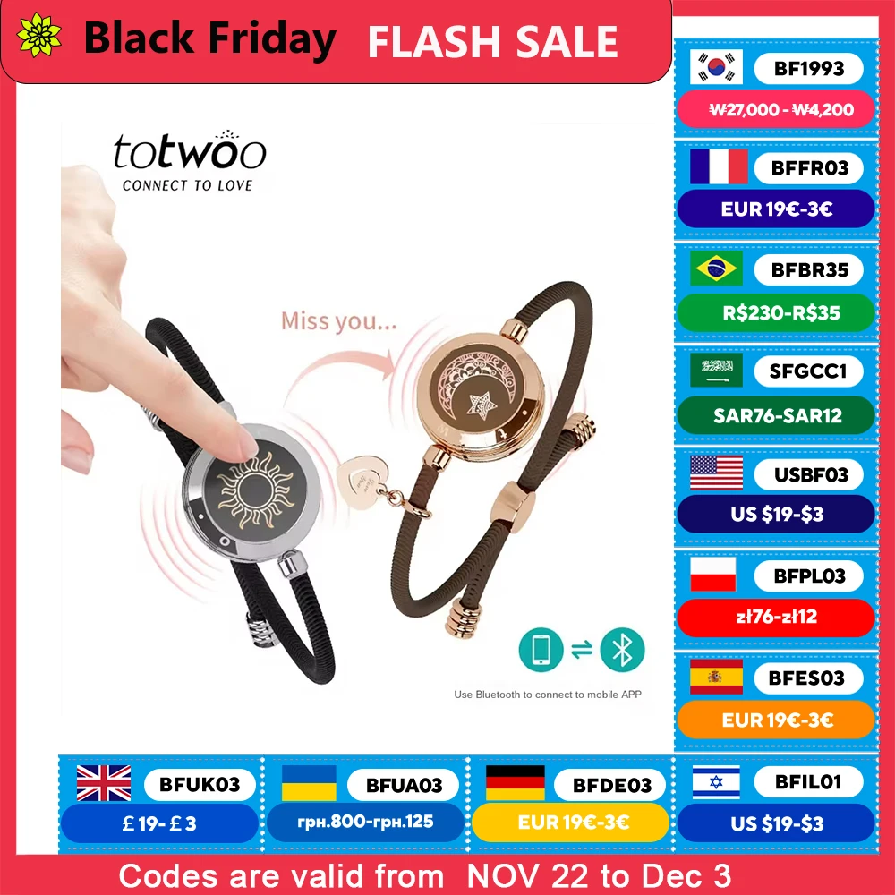 totwoo Long Distance touch Light up&Vibrate Bracelets for Couples, Long Distance Relationship Gifts Smart Sun&Moon Love Bracelet