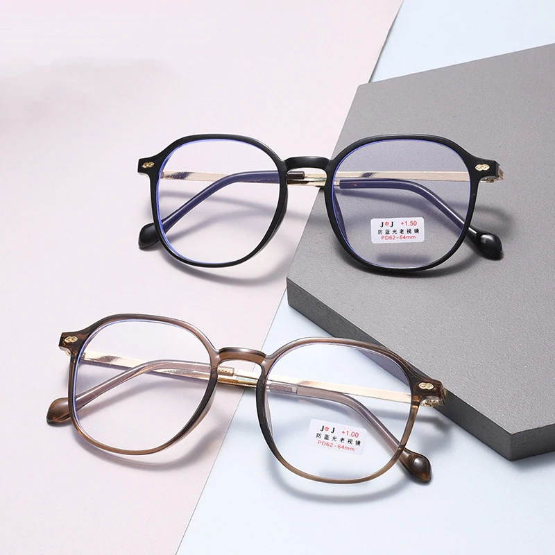 Runde Anti-Blaulicht-Lesebrille für Damen mit großem Rahmen, hochauflösende Lesebrille aus Kunstharz, flache Brille mit Reisnagel