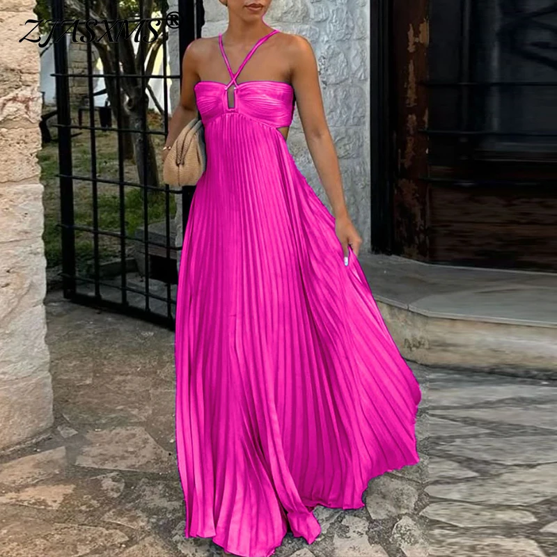 Abiti Sexy Hollow Halter Robe Abiti a pieghe Donna Nuova primavera Solido Vita alta Abito lungo Estate Backless Lace-up Boho Dress